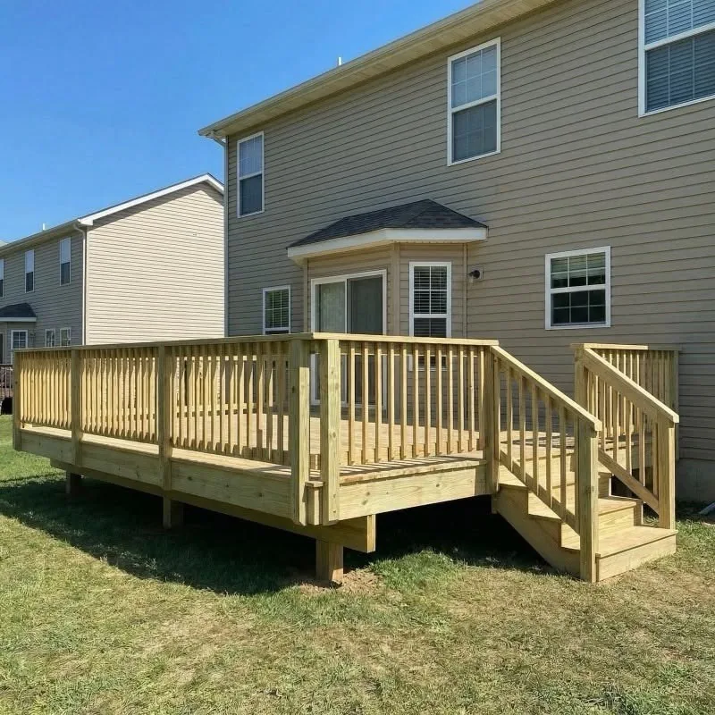 New pressure-treated wood deck with stairs and railings
