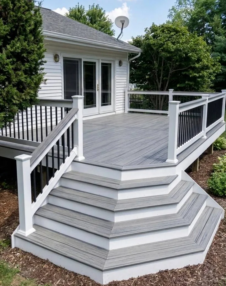 Gray deck with wide steps, white posts and black balusters