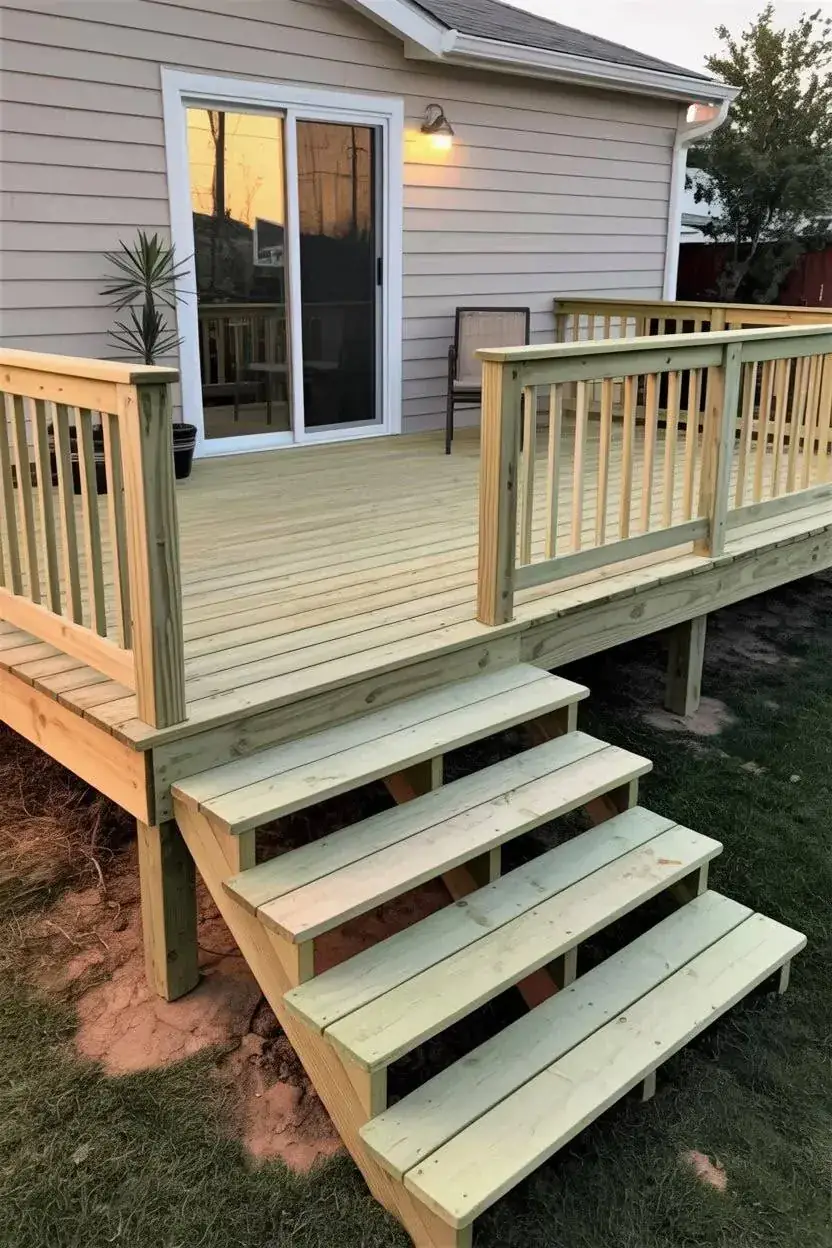 New pressure-treated wood deck with stairs and railings