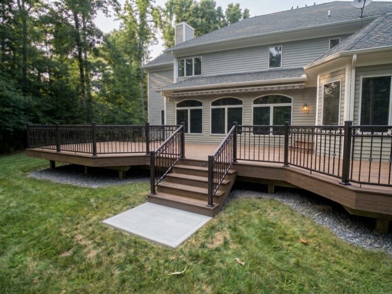 Restored deck with clean boards and black railings